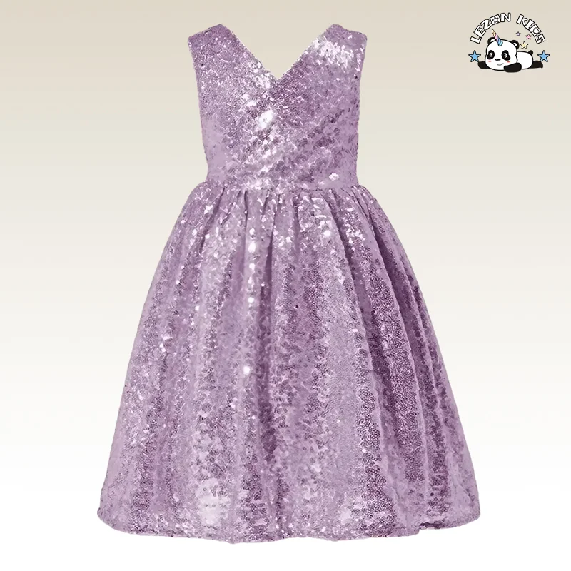 LEZONKIDS - Novo Vestido de Lantejoulas para Meninas, Saia Brilhante, Vestido de Malha Infantil, Vestido de Bolo com Laço Grande